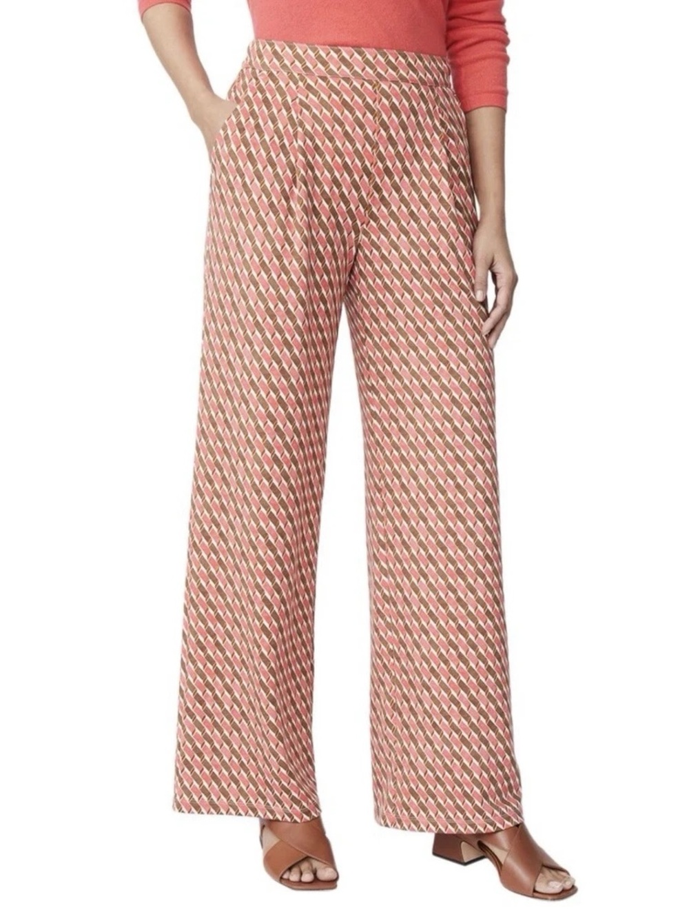 J.McLaughlin Pasha Long Bottoms Pants S Coral Brown Geo Print Wide Leg NWT